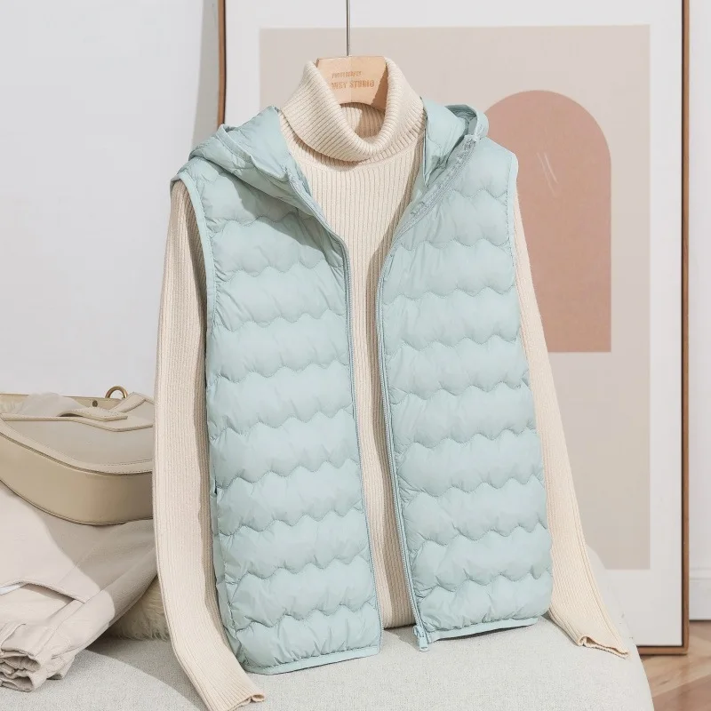 سترة نسائية بيضاء فاتحة من ريش البط للخريف والشتاء، سترة عصرية خفيفة الوزن بغطاء للرأس دافئة بدون أكمام، ملابس خارجية داخلية #2
