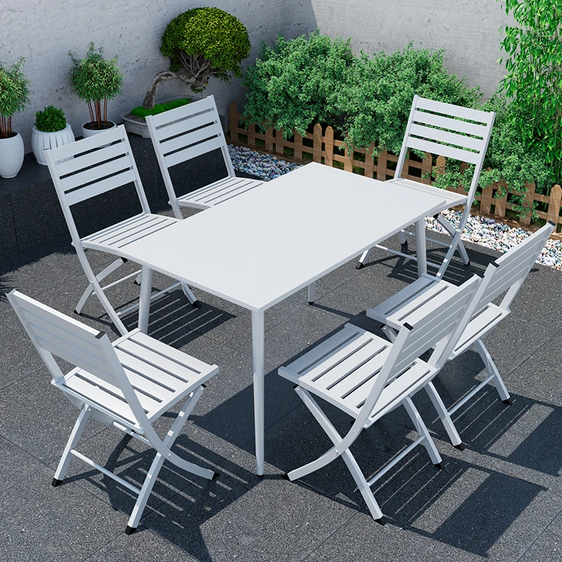 

Hot Sale Modern Design Outdoor Folding Table and Chair Set Weather-Resistant Metal Patio Talking and Dining Table for Hotels