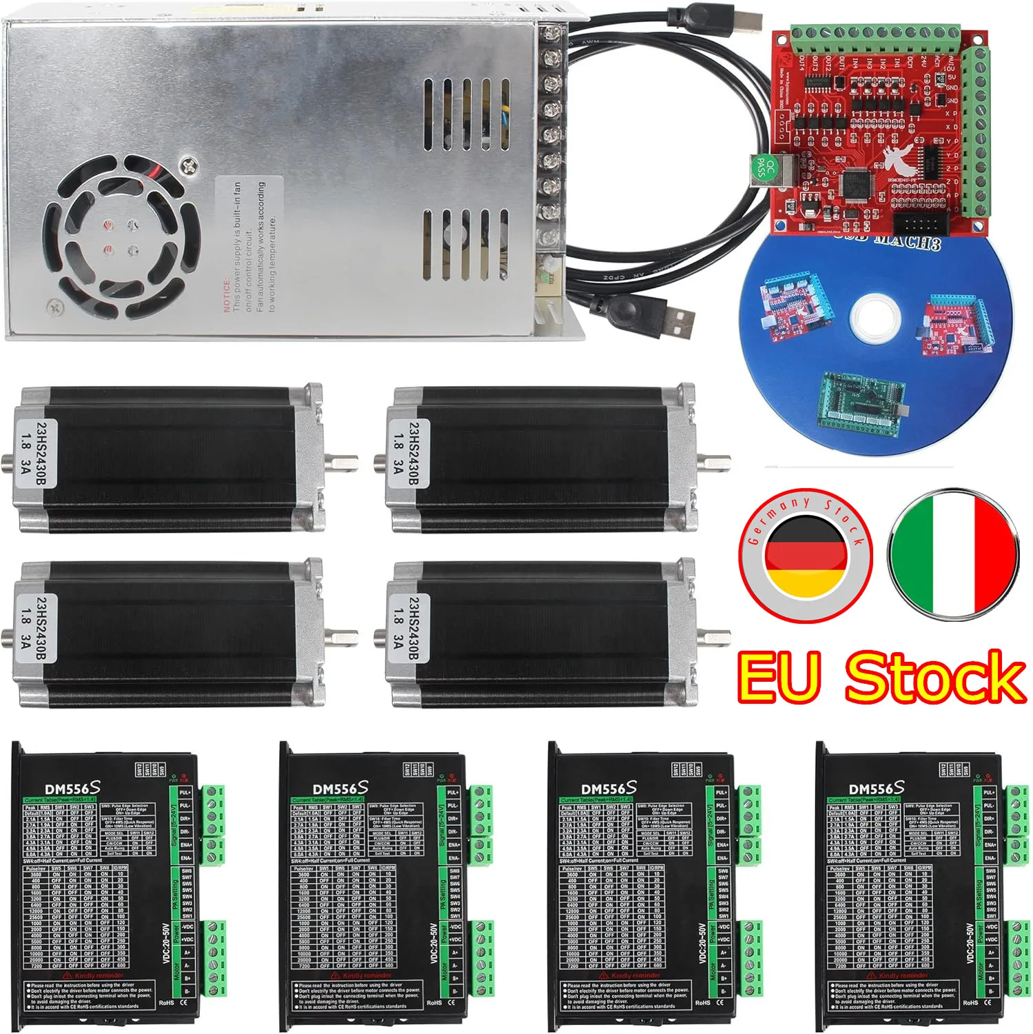 【EU Stock】4 Axis Nema23 Stepper Motor Kit,425oz-in 3A 112mm,DM556S Motor Driver,4 Axis USB Mach3 Controller Board Motion Control