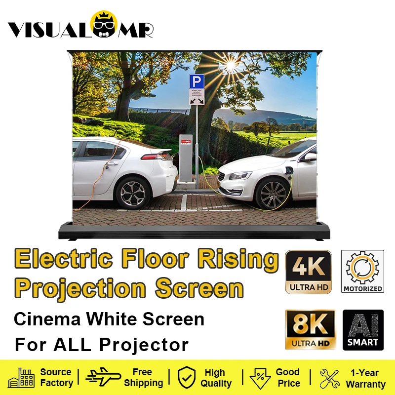 2025 Newly Upgraded Electric Floor Rising Cinema White Projection Screen Tab-Tensioned Motorized 150inch 4K 8K For All Projector