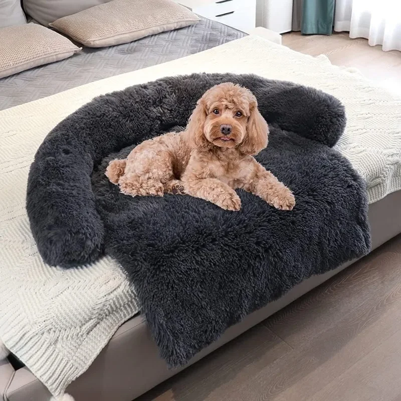 Winter Plush Dog Bed Sofa Cover Warm Calming Dog Bed Removable Plush Dog Bed with Non-Slip Bottom Washable Pet Couch Protector