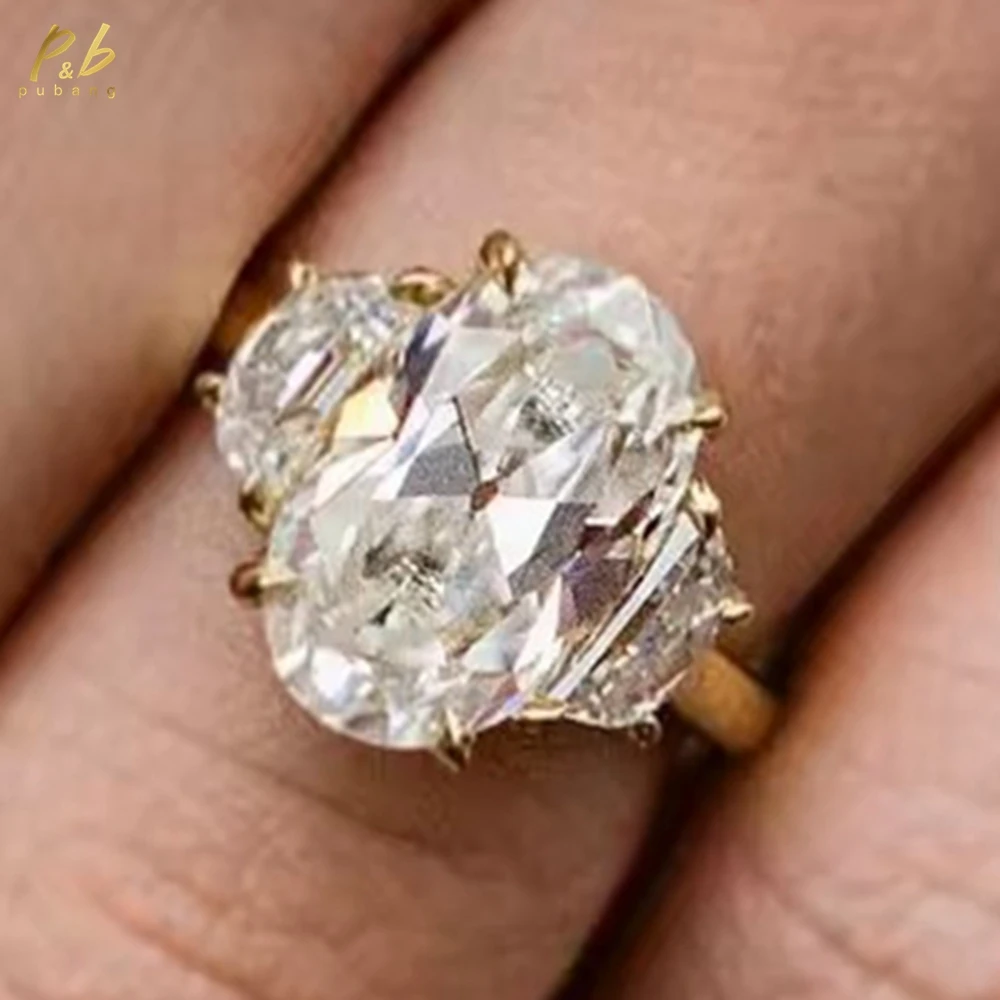 

PuBang D Color VVS1 3EX 6CT Moissanite Old Mine Cut 8.5*14 MM With Two Mid-sized Half Moon Side Stones Engagement Ring for Woman