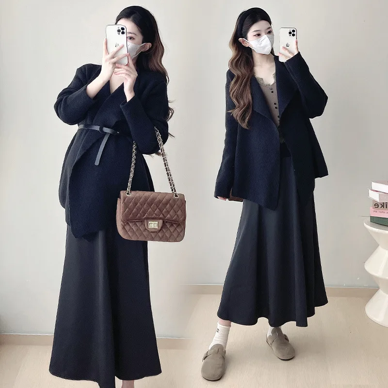 Maternity Wear Fall Winter Clothes Set Elegance Knit Coat With Girdle + Fishtail Skirt  Fashion Models Suit Pregnant Outwear