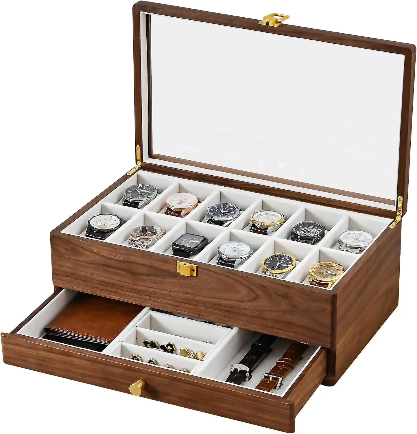 Walnut Wooden Watch Box Drawer Twelve Slot Mens Storage Display Case