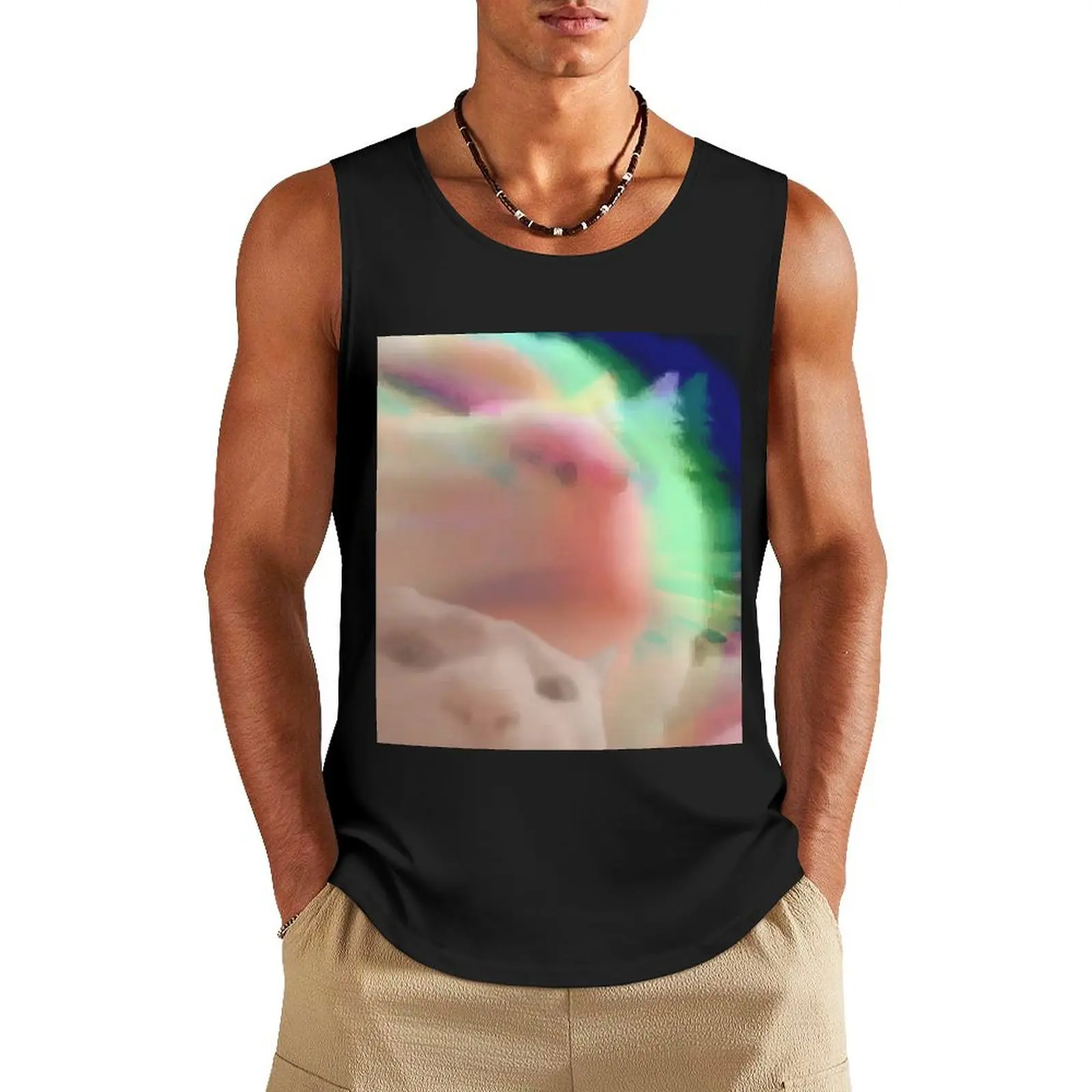 

Funny cat vibing meme in a trippy, glitchy, rainbow aesthetic. A vibing cat is a chilled cat Tank Top gym wear men