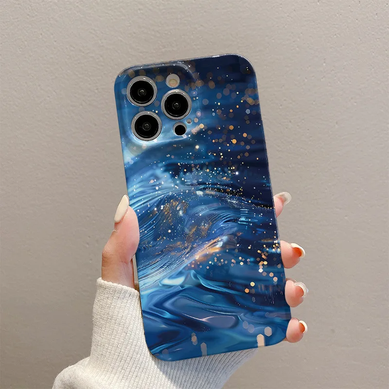 New Luxury INS Gold Wave Print Fortune Hard Phone Case For iphone 16 15 14 13 12 11 X XS XR Pro Max Plus Art Protective Cover