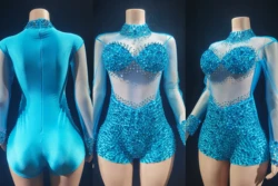 Sparkly Crystals Leotard Sexy See ThroughCrystal Bodvsuit Dance Costume WomenNightclub Party Birthday Outfit Show StageWear