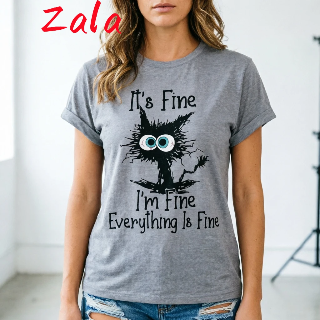 Cat It's Fine I'm Fine Everything Is Fine Printed Women's T-shirt Letters Harajuku Summer Casual Short Sleeved Women's Clothing