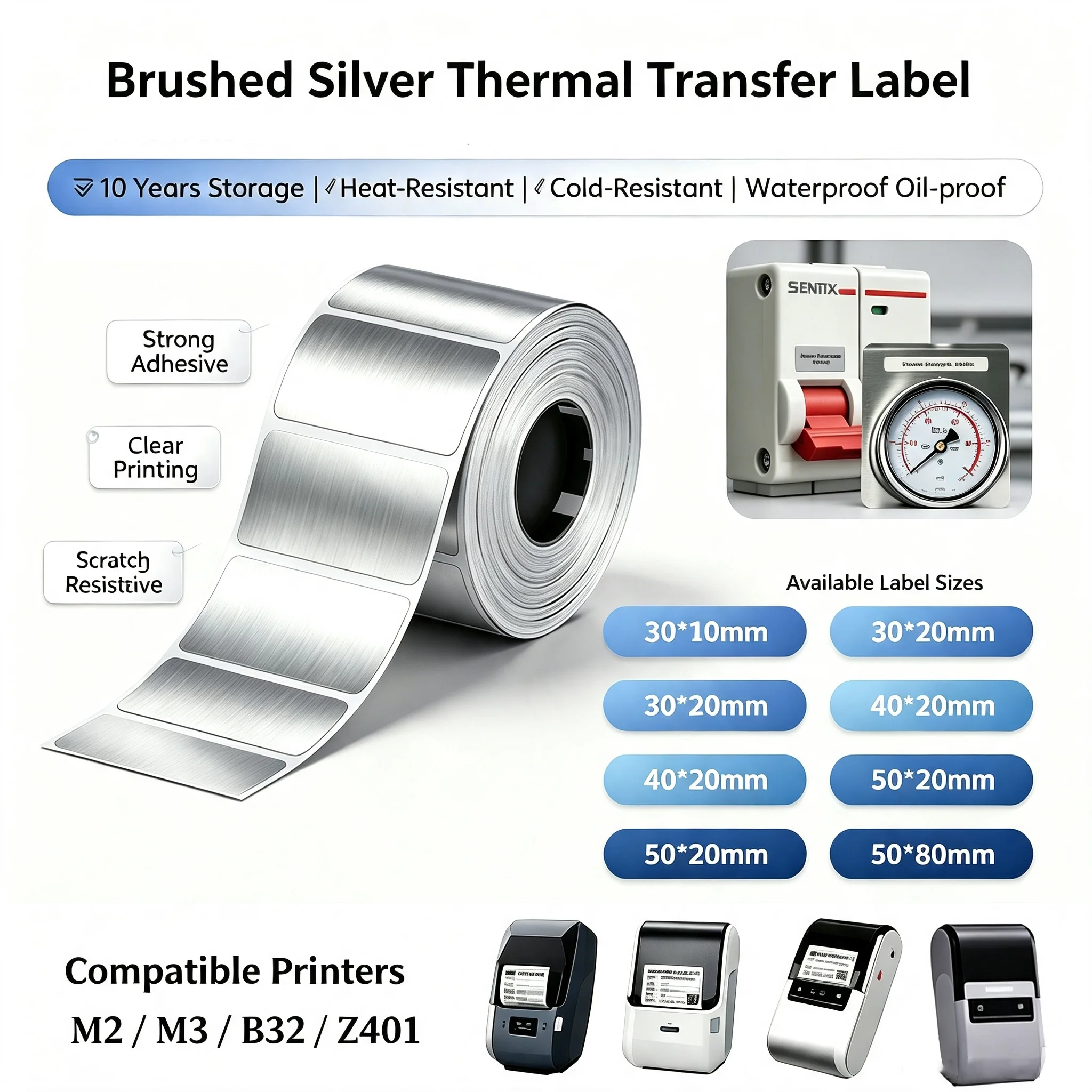 Niimbot M2/M3 Gebürstetes Silber Etikettenaufkleber Wasserdicht Ölbeständig Haltbarkeit 10+ Jahre Thermotransfer-Etikettenpapier für M2/M3 Drucker