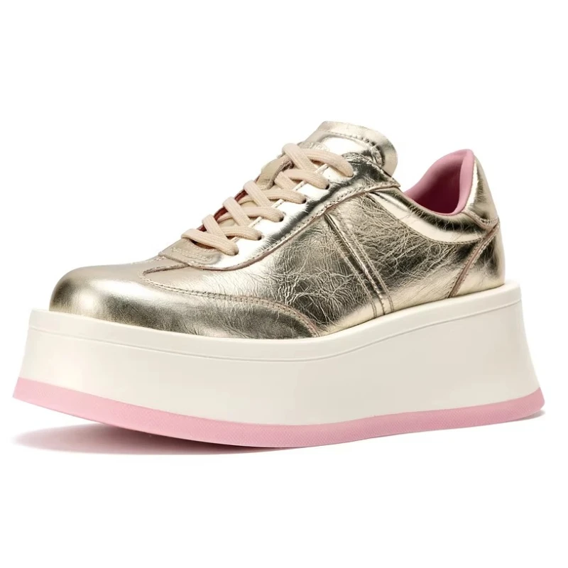 Champagne Gold Casual Shoes for Women's Genuine Leather Thick Soled Height Increasing Shoes Comfortable Fashion Chunky Sneakers