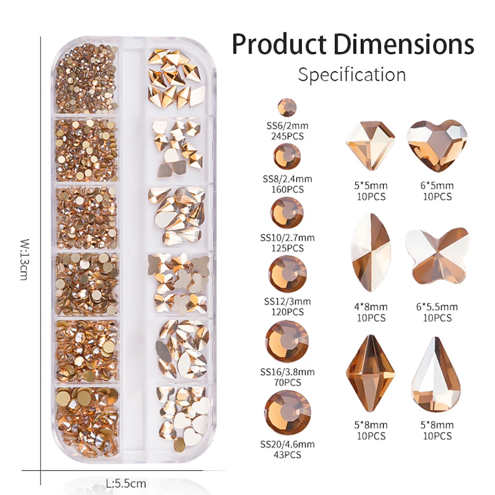 샴페인 네일 아트 라인석, 플랫백 유리 크리스탈 보석, 핫픽스 네일 다이아몬드, 혼합 크기, 720 1000 개, 2-6mm, 12 그리드