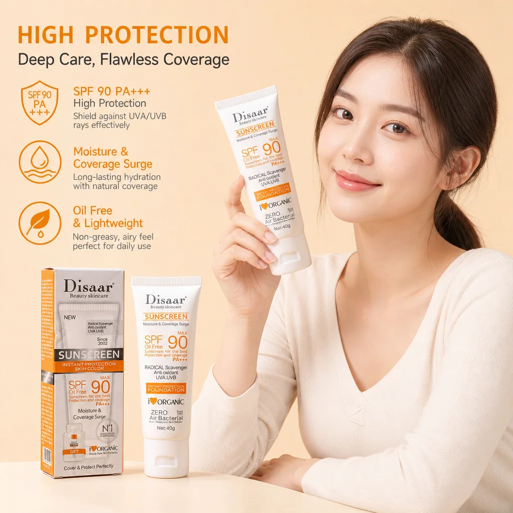SPF90 PA+++ Sunscreen Foundation 40g, Oil-Free UVA/UVB Protection, Moisturizing Anti-Oxidant Sun Cream for Face & Body