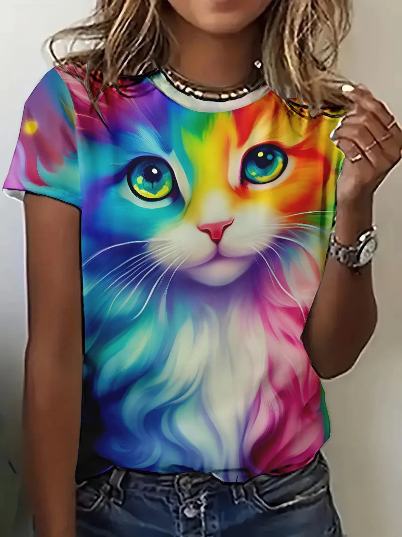 

Женская футболка с кошачьим принтом Kawaii с короткими рукавами футболка с кошачьим принтом женский воротник модная футболка летняя дамская рубашка