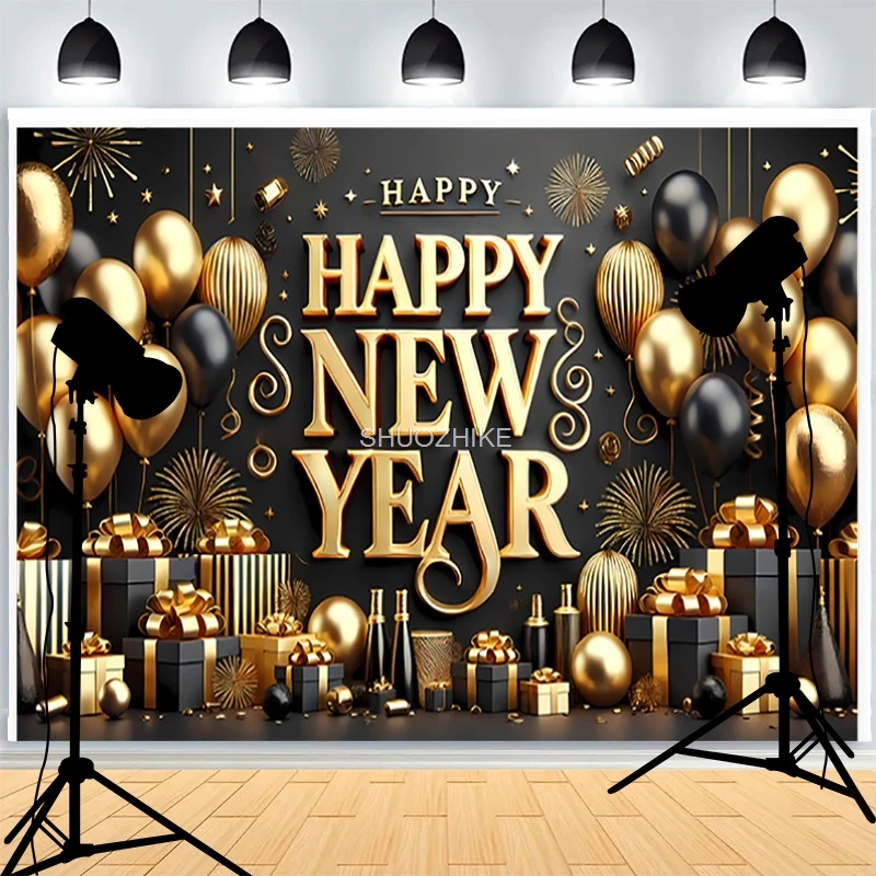 Schwarz Gold Weihnachten Tag Kranz Fotografie Hintergrund Süßigkeiten Wohnzimmer Familie Party Neujahr Urlaub Hintergrund KE-01