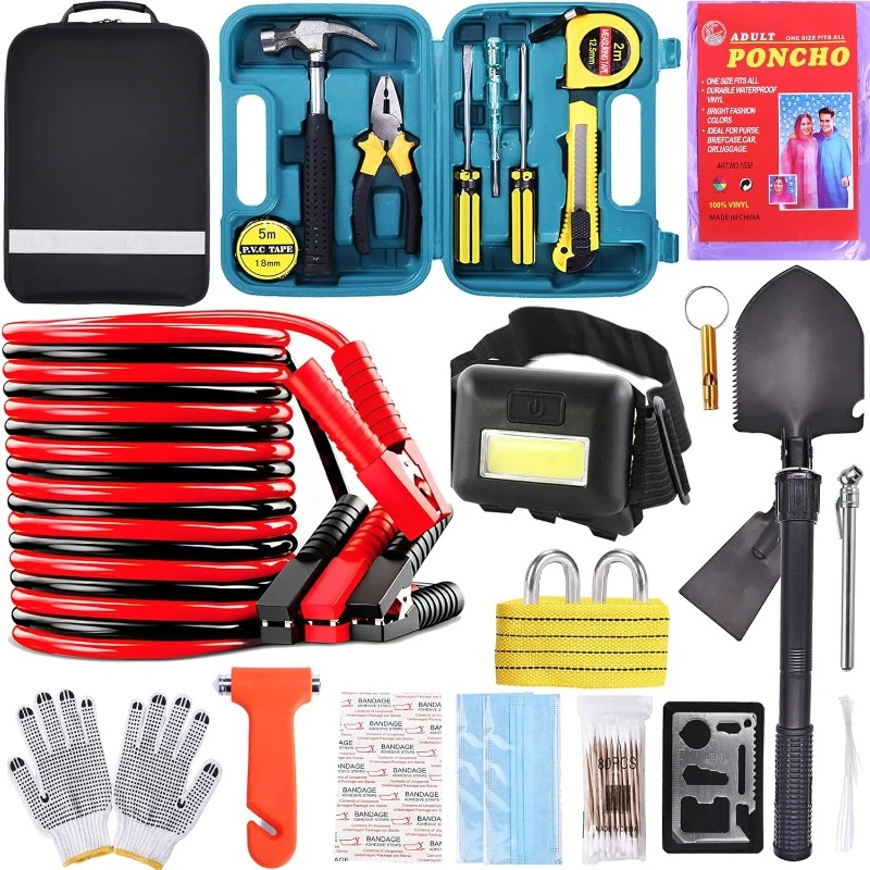 Emergency Roadside Kit for Car - Roadside Safety Tool Kit,with Jumper Cables Car Kit Headlamp Folding Shovel Safety Hammers