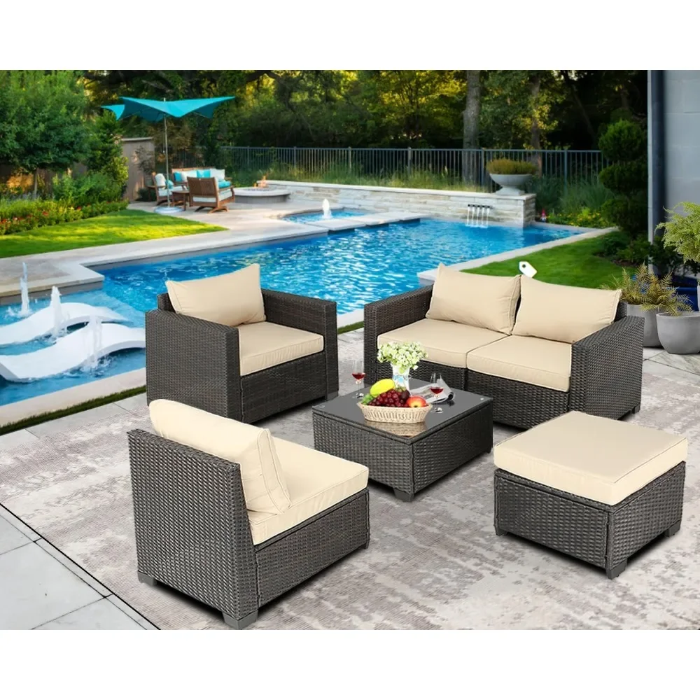 6 Pieces Pieces Patio Furniture Set Outdoor Sectional Wicker Patio Furniture Patio Couch with Ottoman for Lawn, Balcony, Garden