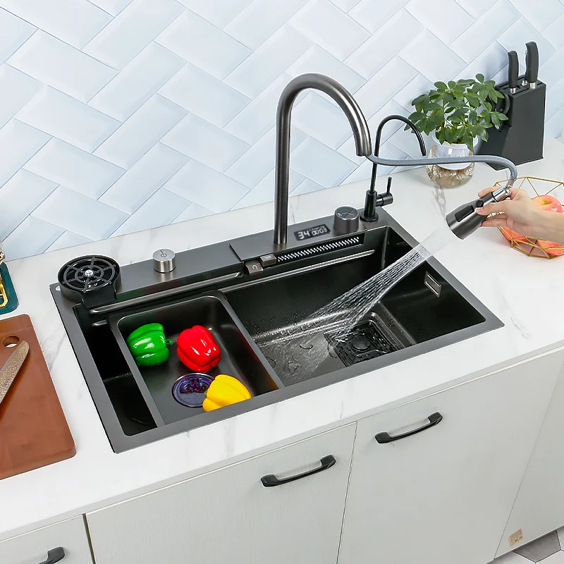 Fregadero de cocina de acero inoxidable con pantalla Digital, lavabo multifunción con grifo de cascada para apartamento, individual, grande