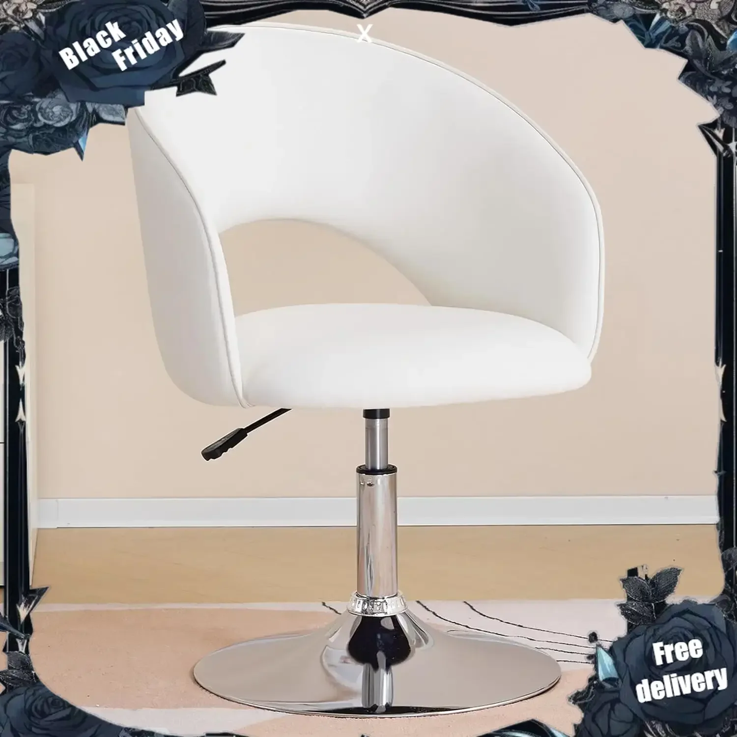 

Vanity Chair White Leather Vanity Stool, Height Adjustable Accent Chair with Back, Round Swivel Makeup Chair