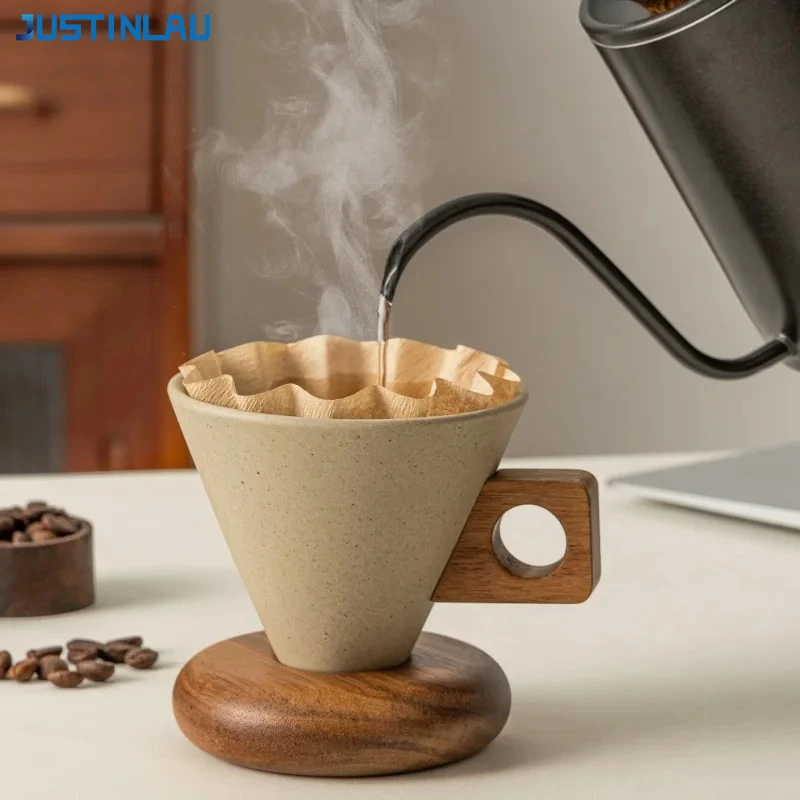 JUSTINLAU Keramik-Kaffeetasse und Löffel-Set mit Holzsockel, Retro-Kaffeetasse mit Griff, exquisites Nachnoon-Teeset für den Haushalt für den Haushalt