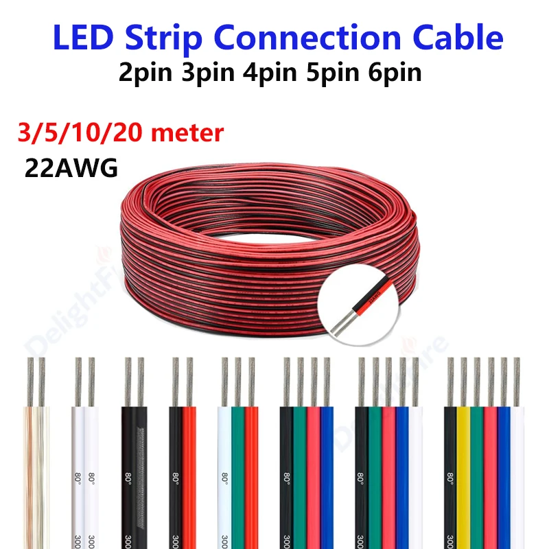 כבל אלקטרוני מורחב 22AWG 2Pin 3Pin 4Pin 5Pin 6Pin באורך 3/5/10/20 מטרים עבור רצועת LED RGBW RGB CCT 5050 3528 לרמקול רכב אוטומטי