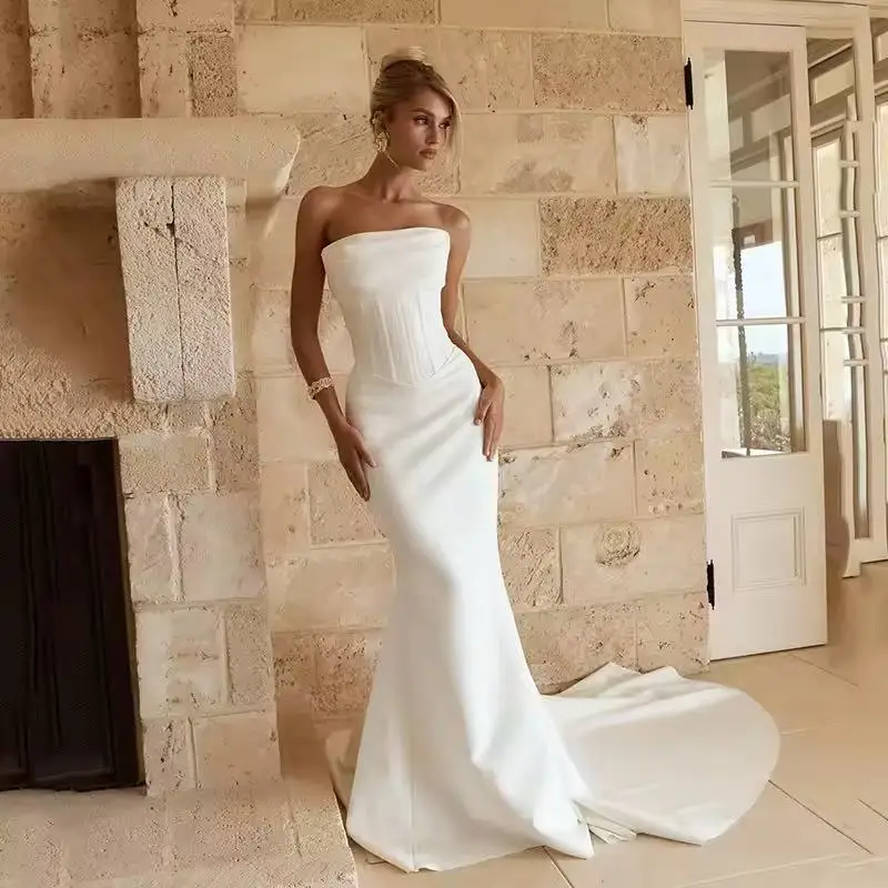 Boho Mermaid Wedding Dresses Strapless Sleeveless Sweep Train Satin Bridal Dress Simple Wedding Prom Gowns Customized