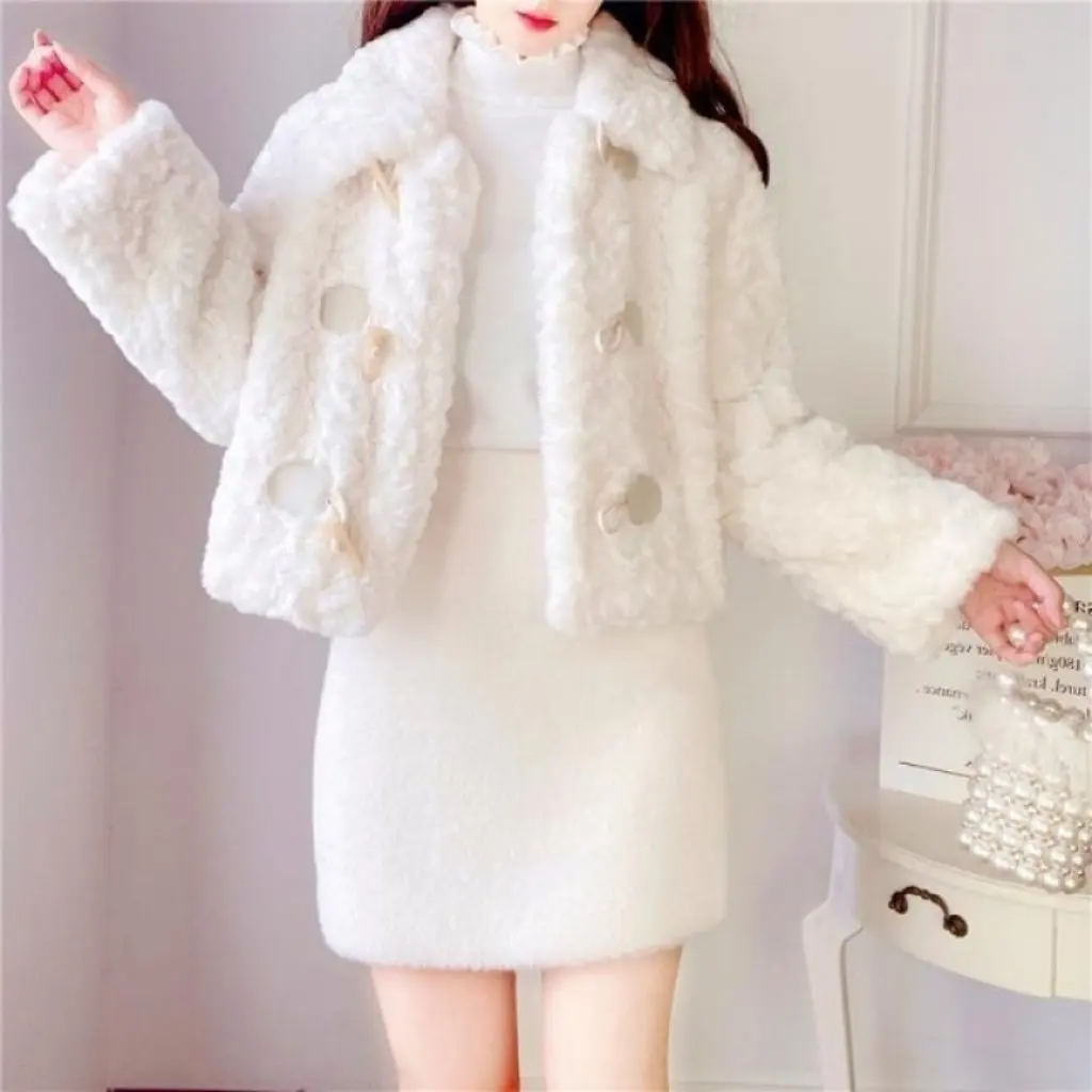 

Women's Short Imitation Leather Coat Autumn Winter Slim Fit All-match Top with Rex Rabbit Fur Loose Horns Buckle