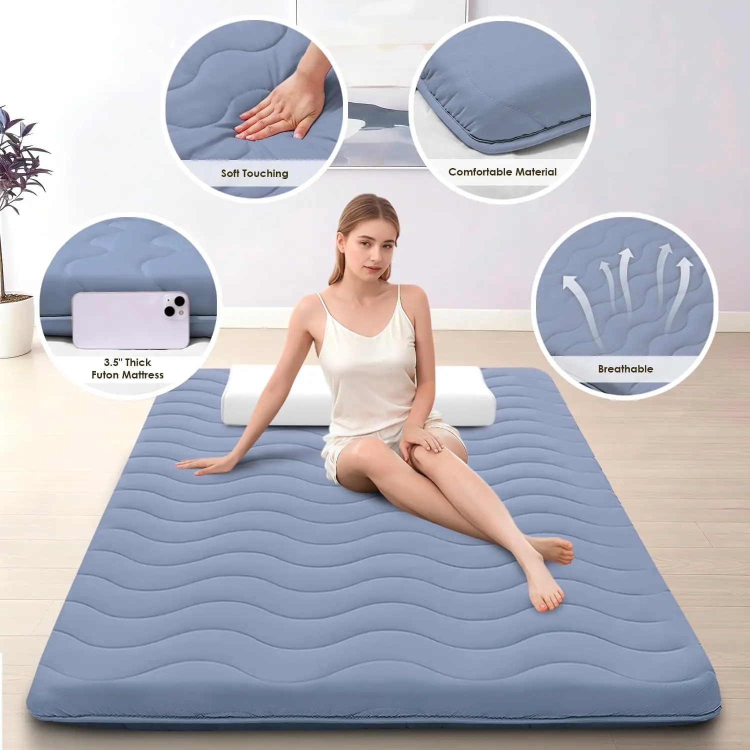 Japanese Floor Mattress Futon Mattress, Foldable Tatami Sleeping Pad Roll Up Floor Lounger Bed, Thick High Density Foam Cushion For Living Room Guest Room RV Travel, Modern Solid, Blue, Single Piece