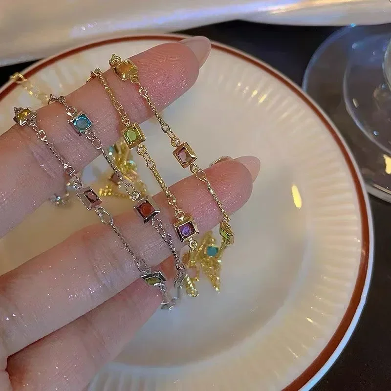 New Square Colored Crystal Tandem Thin Collarbone Necklace for Women Personalized Daily Accessory Party Jewelry Birthday Gifts