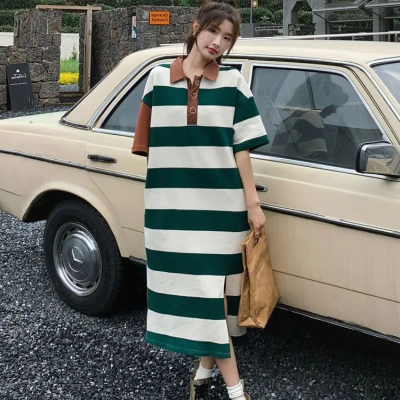 Été nouveau col à rayures pour femmes ort Sve Dr Ele Design décontracté Faion t-shirt Long Dr Maxi Dr