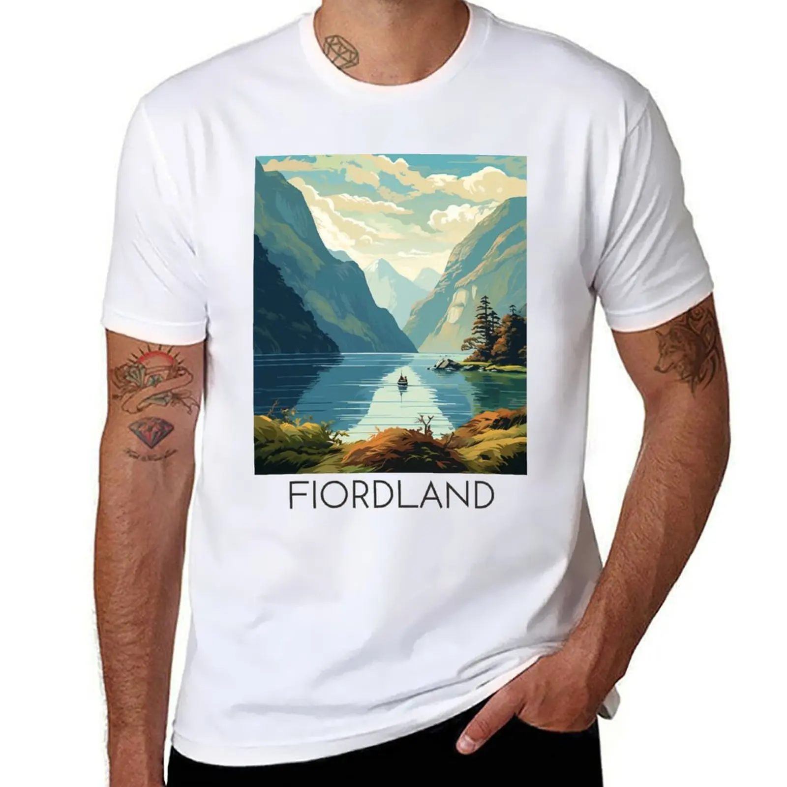 

A Vintage Travel Illustration of Fiordland National Park - New Zealand T-Shirt t shirt for man t shirts for man slim fit T-shirt