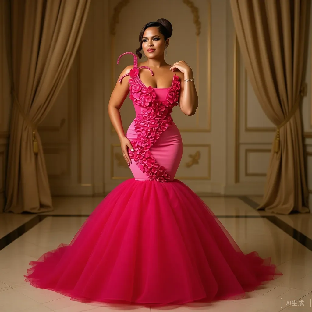 

Ярко-розовое платье русалки для выпускного вечера 2026 с цветочной аппликацией и вырезом в форме сердца, тюлевое вечернее платье больших размеров, официальная одежда, красная дорожка, знаменитости