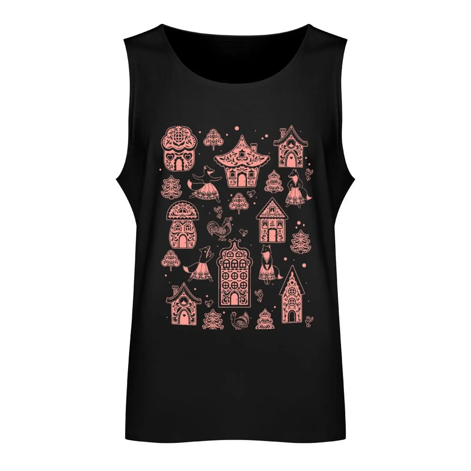 Fabulous houses in a magical forest. Decorative seamless pattern on a pink background. Folk Art. Scandinavian style. Tank Top