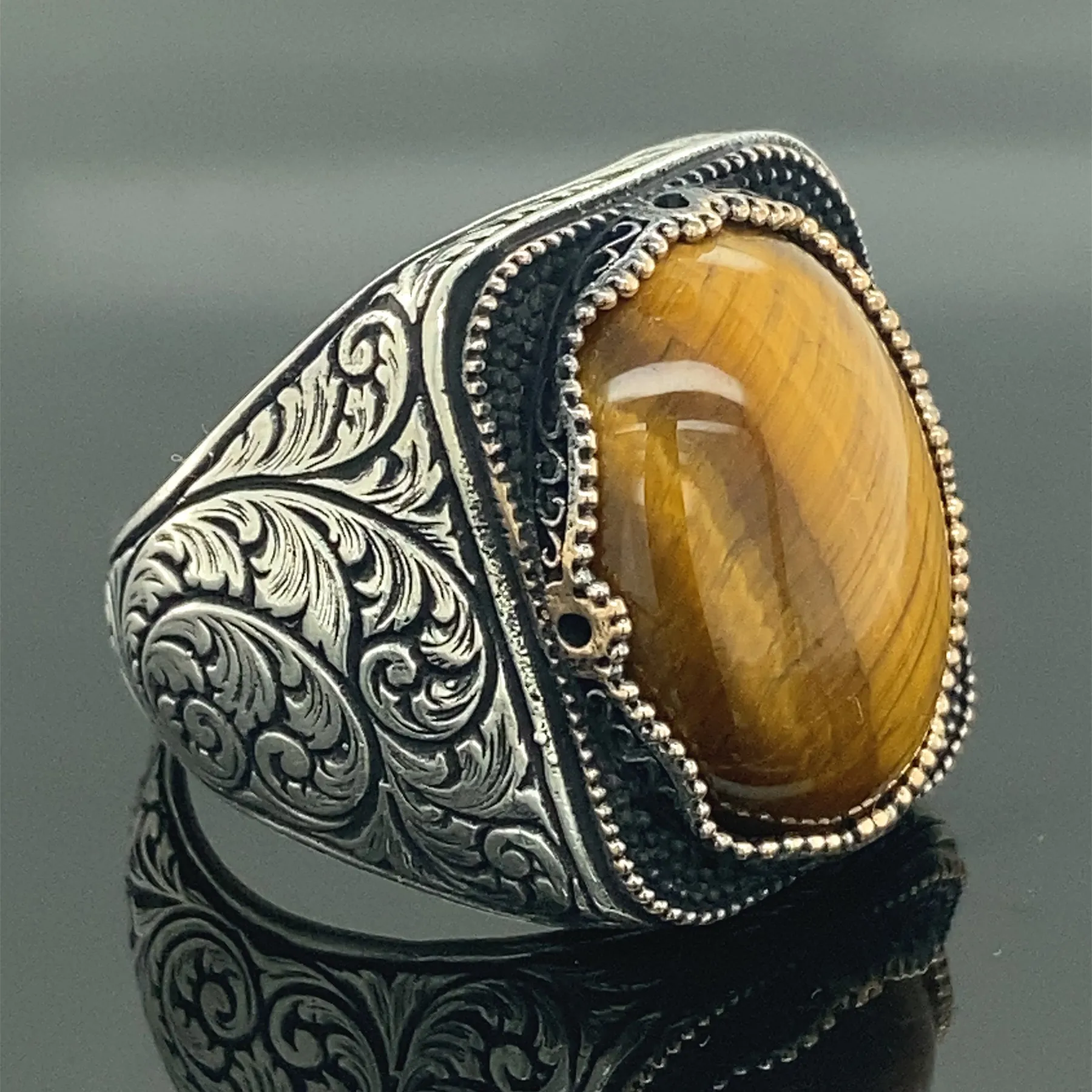 

Tiger Eye Ring , Turkish Handmade Ring , Ottoman Mens Ring, Oval Gemstone , Natural Gemstone Ring , 925k Sterling Silver Ring