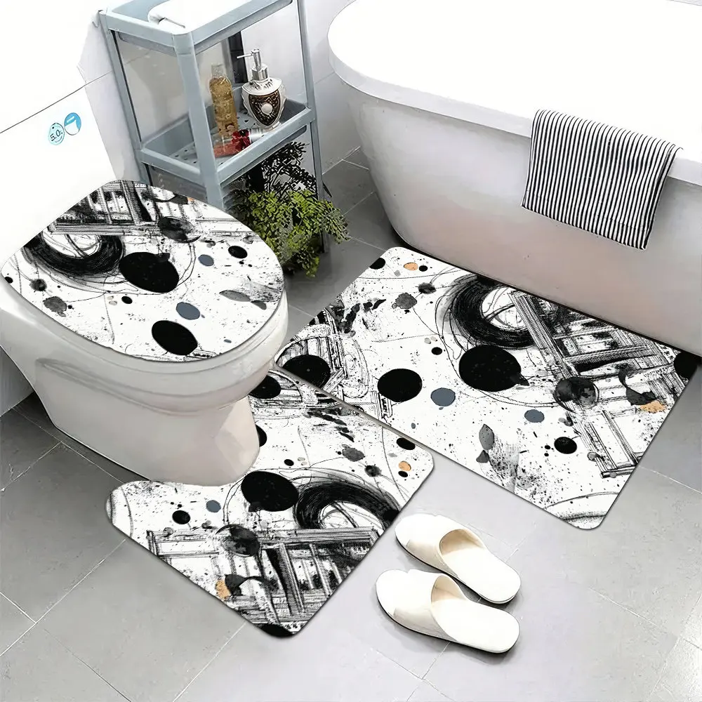 

3pcs Manga-Inspired Yoji Shinkawa Black & White Set - Super Soft Non-Slip Floor Mats with Ink Art Design, Plush for Bathroom, Sh