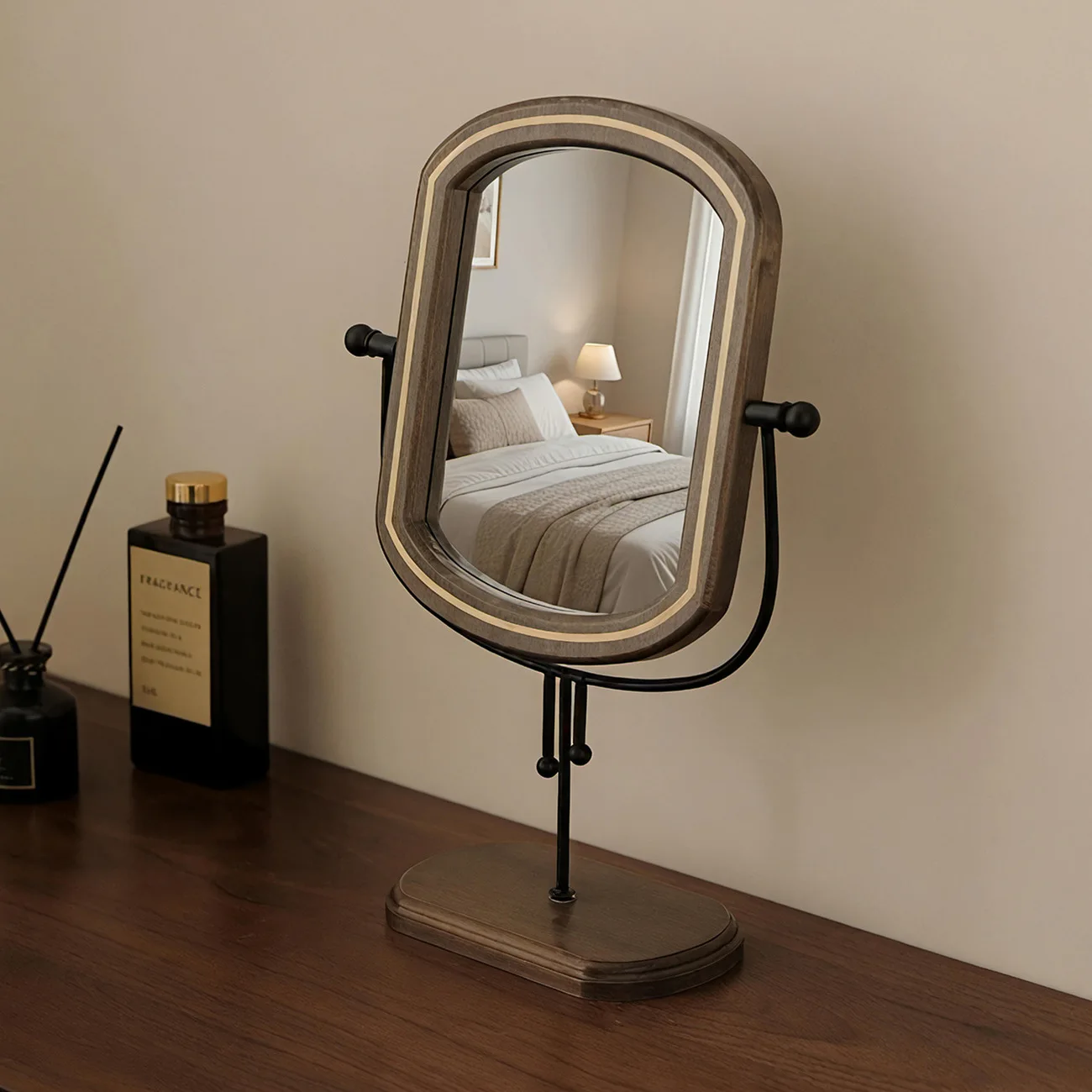 Lustro do makijażu w stylu retro europejskim, minimalistyczne, drewniane, na biurko, do sypialni, obrotowe w pionie, lustro do użytku domowego.