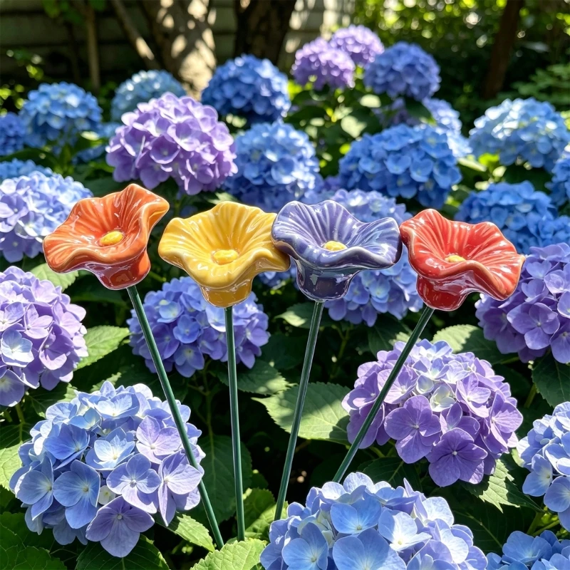 Backyard Outdoor Water Cup Set of 4 Ceramic Flower Stakes for Garden Placement, Drink Supply, Yard Watering, and Routine Yard