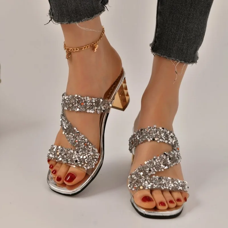 NIUFUNI Bling Pearl Sequins Rhinestone Women Slippers Crystal Metal Heel Slides 2024 Summer Hollow Open Toe Slippers Gold Silver