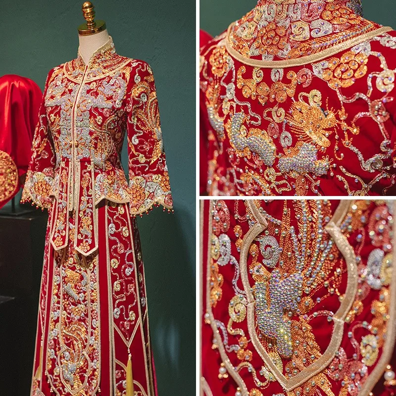 

Новый стиль дракона и феникса для тостов, китайское королевское платье с юбкой для тяжелой промышленности