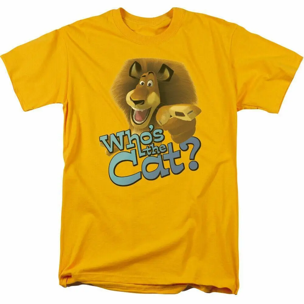 

Madagascar Whos The Cat T Shirt Mens Licensed Movie Tee Alex the Lion Gold