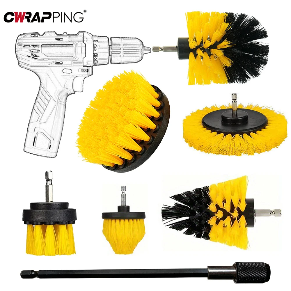 7Pcs Drill-Brush Cleaner Scrubbing Brushes with Extension Rod Auto Detailing for Kitchen Tub Shower Car Care Cleaning Tools Set