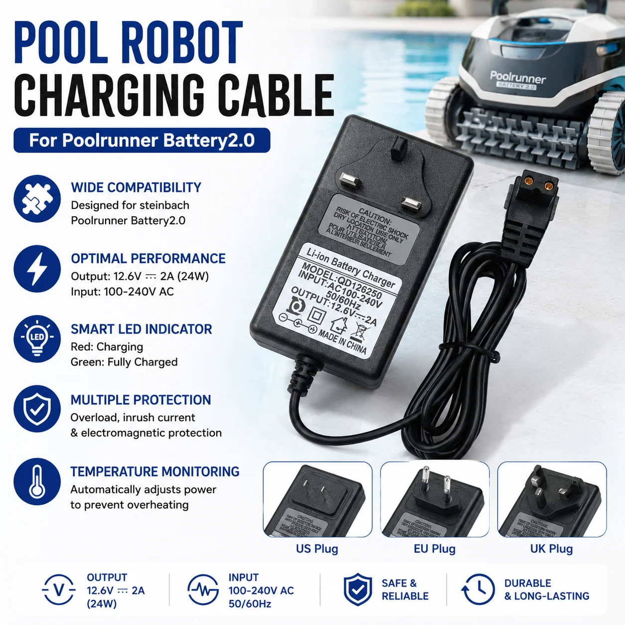 12,6V 24W Pool-Roboter-Ladegerät für Steinbach Poolrunner 2.0 Ersatzadapter LED-Anzeige Überhitzungsschutz Stromversorgung