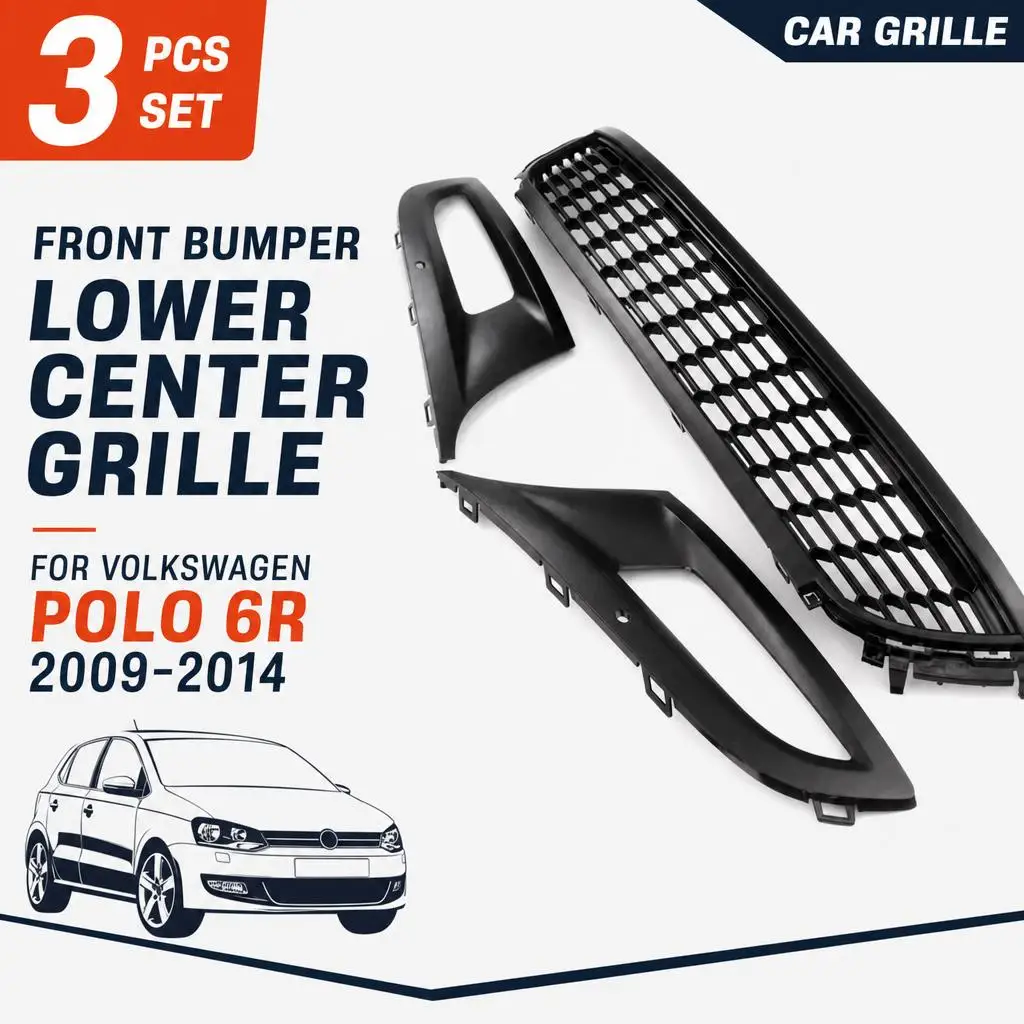 Kit di aggiornamento completo, nuovo di zecca, composto da 3 pezzi, per la griglia centrale inferiore del paraurti anteriore, per Volkswagen Polo 6R, modelli 2009-2014.