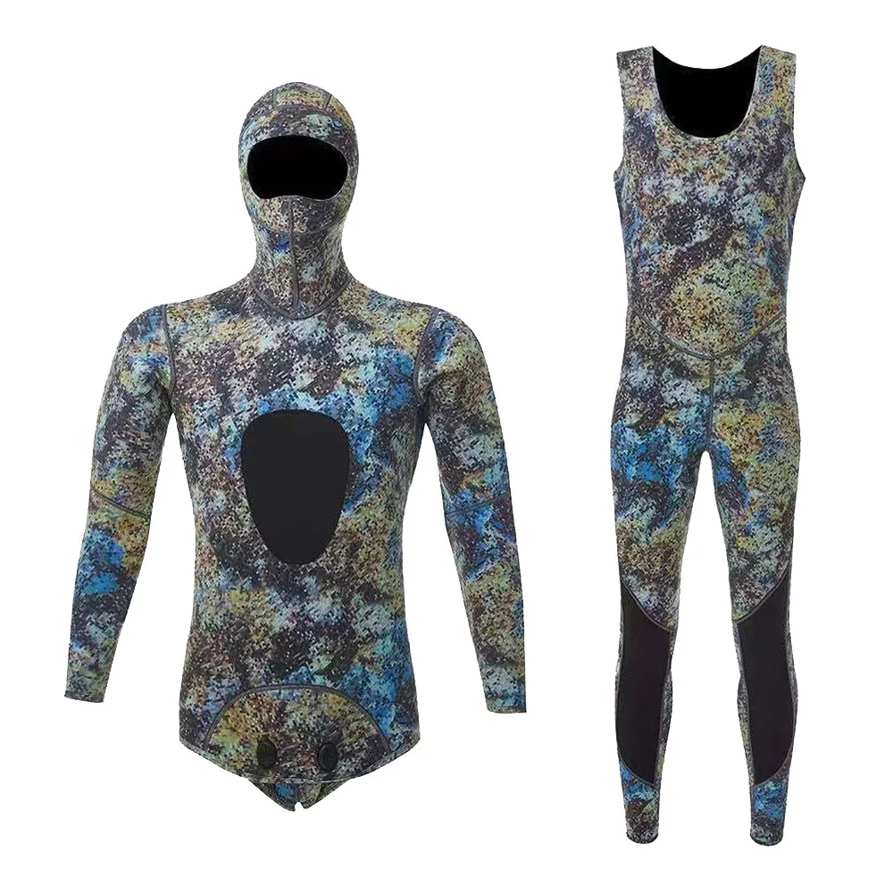 0 مللي متر التمويه بذلة طويلة الأكمام الانشطار مقنعين 2 قطع النيوبرين غاطسة للرجال الدفء الغوص بدلة غطس ملابس السباحة