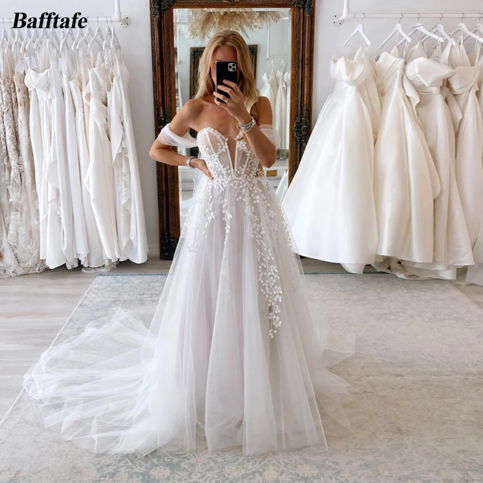 

Bafftafe Boho Wedding Dresses For Bride Off The Shoulder Sweetheart Appliques Lace Wedding Gowns Formal Party Bridal Dress 2024