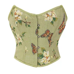 Green Flower Butterfly Printed Denim French Style Vintage Top Corset For Women 2024 Renaissance Bodice Gothic Fashion Bustier