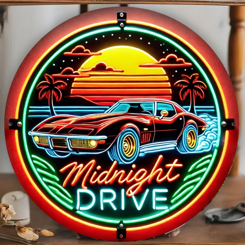 2D Flat Neon Midnight Driving Metal Sign - Night Ride Wall Decor for Garage Game Room Cafe Bar Office Car Lover Gift