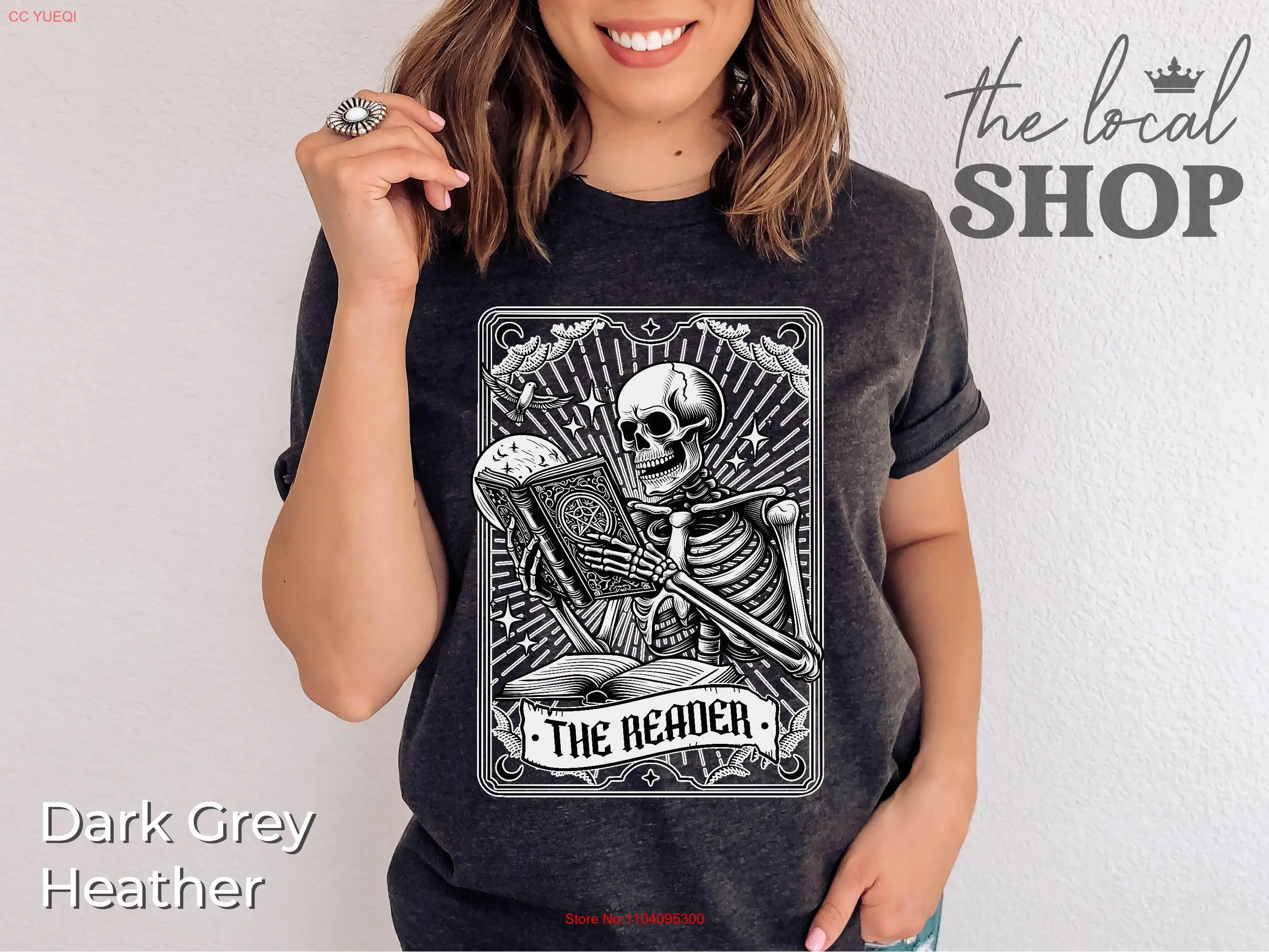 Halloween Tarot Card T Shirt The Reader for Book Lover Bookworm funny Skeleton Reading a long or short sleeves
