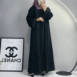 Women Eid Muslim Dubai Beading Abayas Kaftan Vestidos Arab Loose Long Robe Modest Belt Pearl Abaya Ramadan Morocco Cardigan