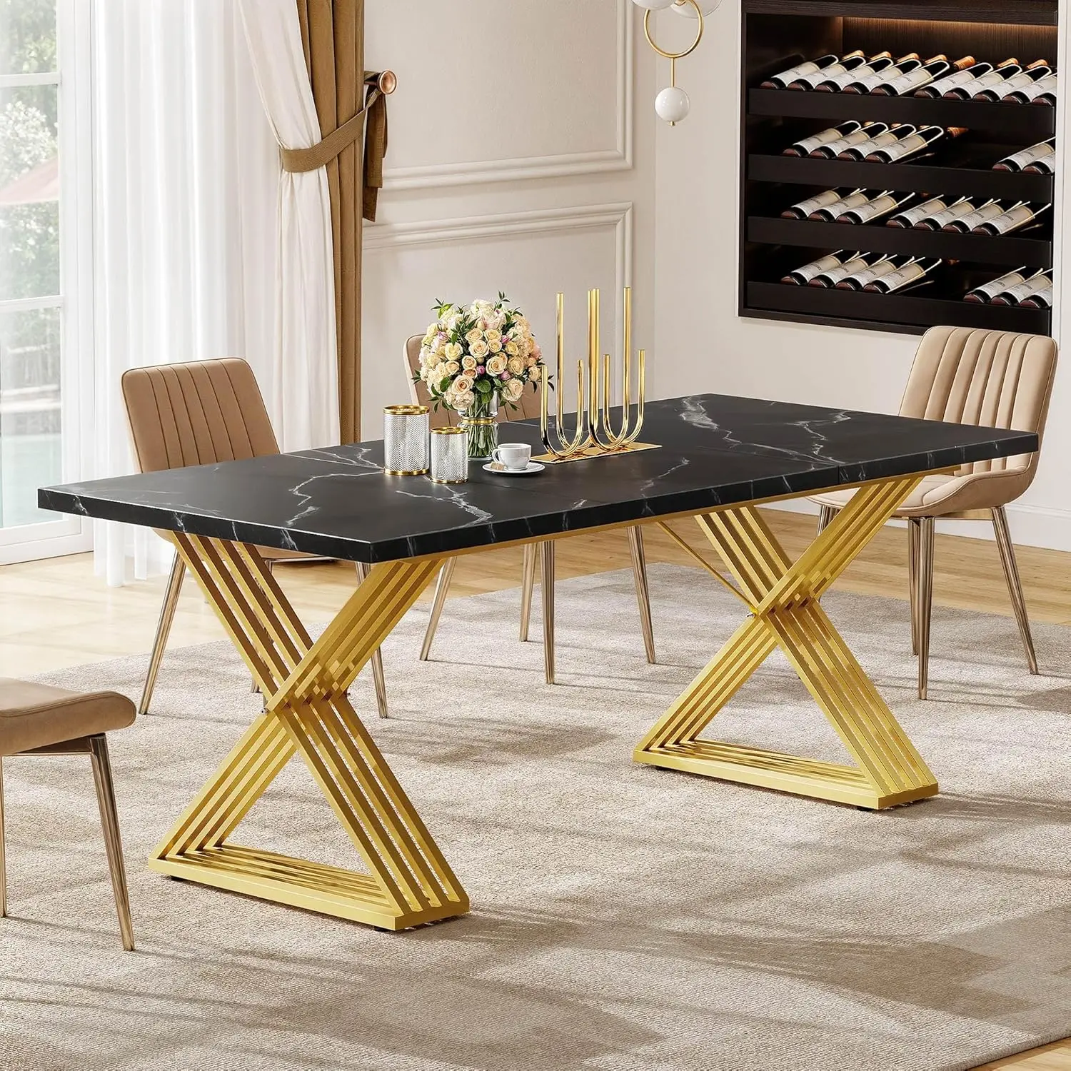 Mesa de cocina rectangular grande People de 70,9 pulgadas, mesa de cena negra moderna con tablero de mármol sintético y pata de Metal dorado sólido para Ki