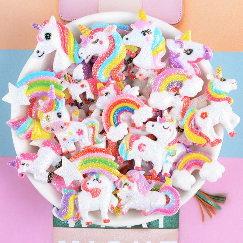 10pcs Glitter Unicorn Rainbow Cabochons Flatbacks Embellishments for Bows Jewelry Making Accessories Insumos Manualidades